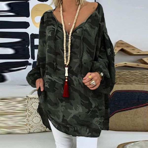 

big size 5xl women's loose plus size camouflage long sleeve v-neck pullover camo female large loose t shirt tee1, White
