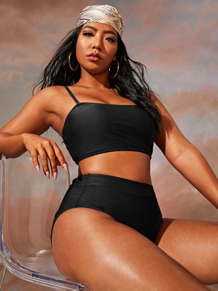 

plus plain high waisted bikini swimsuit k4xd#, Black