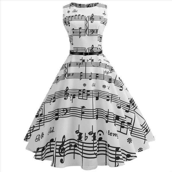 

38# vintage print music notes bodycon sleeveless casual evening party prom swing dress for women party dress women, Black;gray