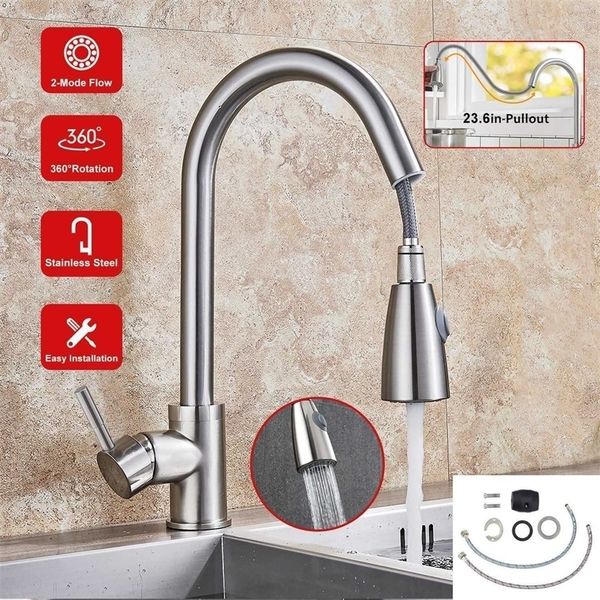 

brushed nickel kitchen sink faucet pull down sprayer swivel spout mixer tap