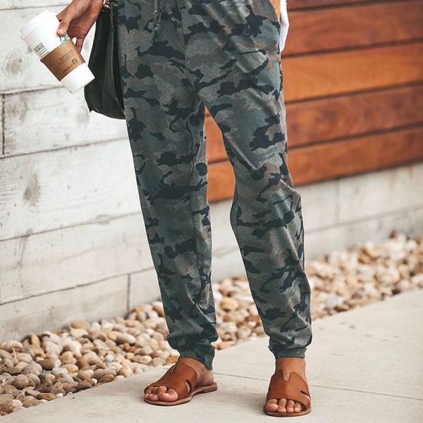 

women autumn winter slim straps camouflage printed elastic loose straight high waist casual trousers y200418, Black;white