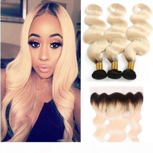 

peruvian 1b 613 human hair body wave bundles with 13x4 lace frontal 1b 613 hair products 8-24inch weaves with closure frontal ear to ear, Black;brown
