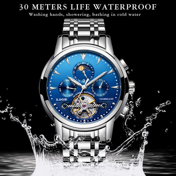 

lige three dial luxury stainless steel date men automatic sport watches brand wrist military calendar clock mechanical male oxdko, Slivery;brown