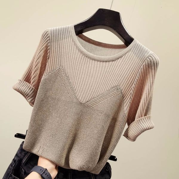 

fake two piece patchwork knitted sweater women slim thin korean short sleeve modis pullover autumn o-neck sweaters t200113, White;black