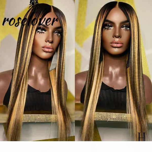 

roselover highlight straight hair 13*6 lace front human hair wigs remy brazilian pre plucked bleached knots deep parting, Black;brown
