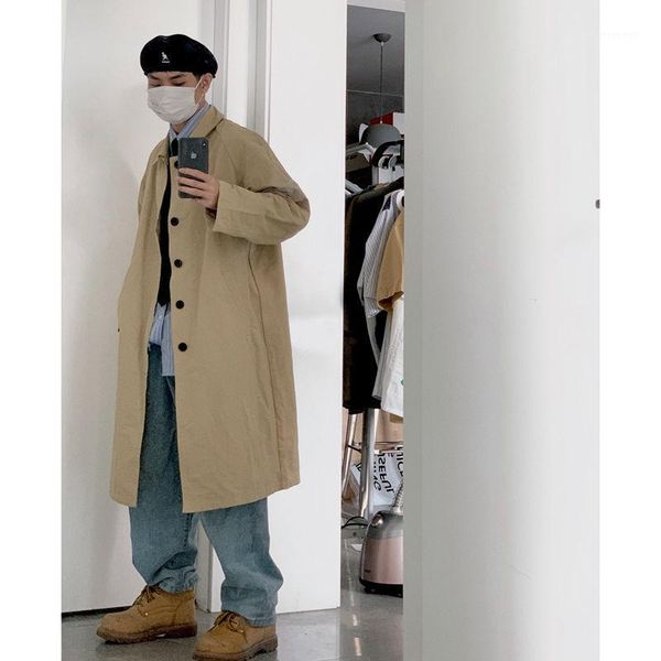 

men's trench coats 2021 korean style men's loose khaki/black color windbreaker fashion trend long high-quality overcoat jackets s-, Tan;black