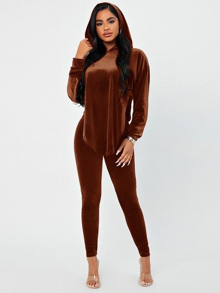 

curved hem drop shoulder velvet hoodie & leggings set 23mw#, White