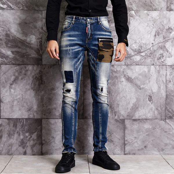 

2021 new autumn newly fashion slim fit spliced designer ripped men streetwear camouflage patch pocket hip hop jeans homme dprl, Blue