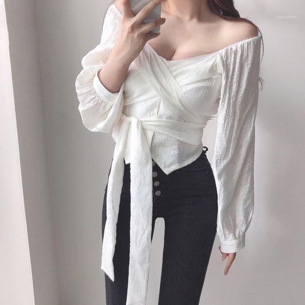 

lady french style black white blouse crop women shirt v neck wrap belt puff sleeve chemise femme blusa mujer1