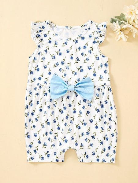 

baby ditsy floral ruffle sleeve bow front romper she, Blue