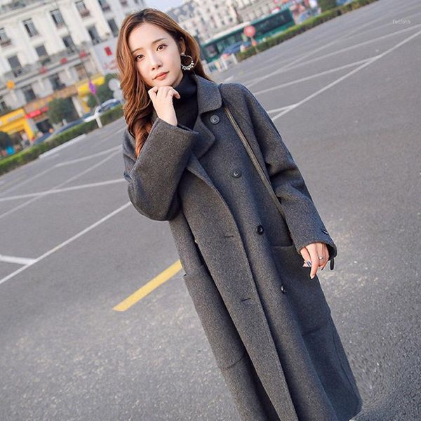 

winter turn-down collar button woolen cotton padded over the knee jacket women casual slim big pocket outwear elegant party coat1, Black