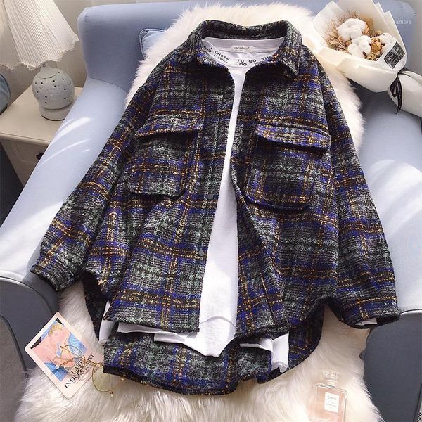 

plaid shirt women's loose retro hong kong style jacket 2020 autumn new korean style long casual shirt jacket1, White