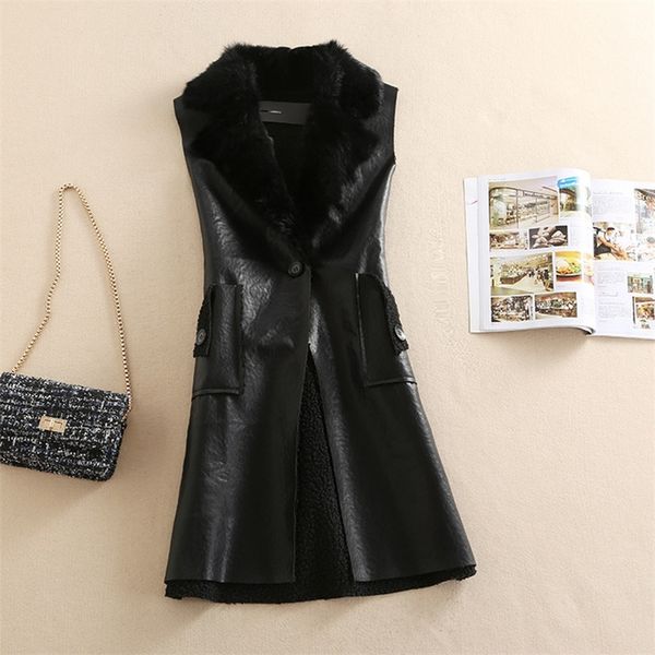

black long jacket coat women autumn winter vest natural rabbit fur collar pu vest warm outerwear 3xl my newin 201102, Black;white