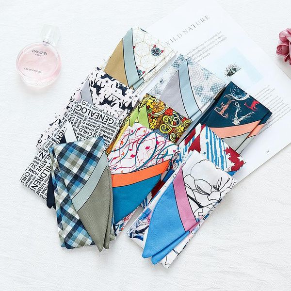 

scarves arrived multi-function printing small skinny scarf tied bag handle silk ribbon ladies decorative headband, Blue;gray