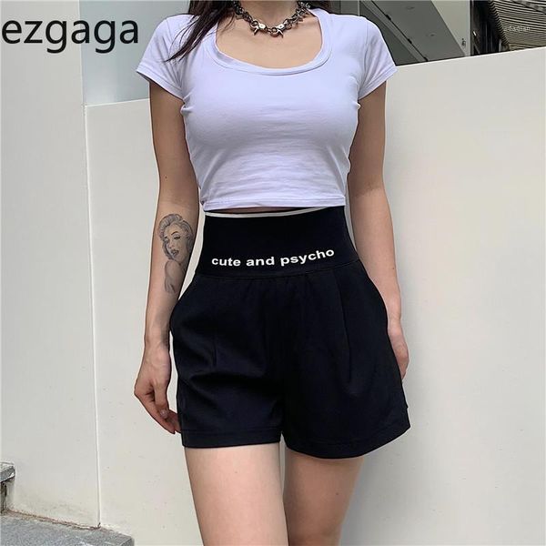 

women's shorts ezgaga women 2021 casual all-match letter print high waist pocket straight wild leg ladies suit elastic casual1, White;black