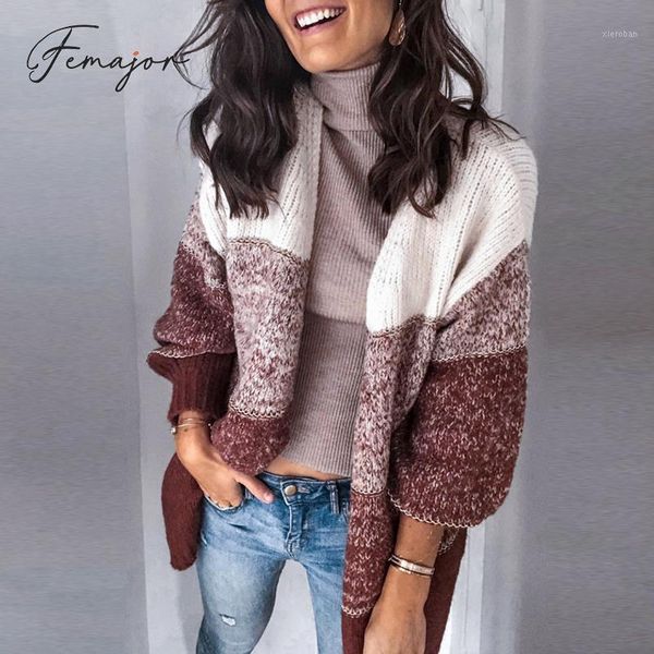 

femajor casual long sleeve knitted women cardigan stitching multicolor loose ladies sweater autumn winter warm mujer plus size1, White