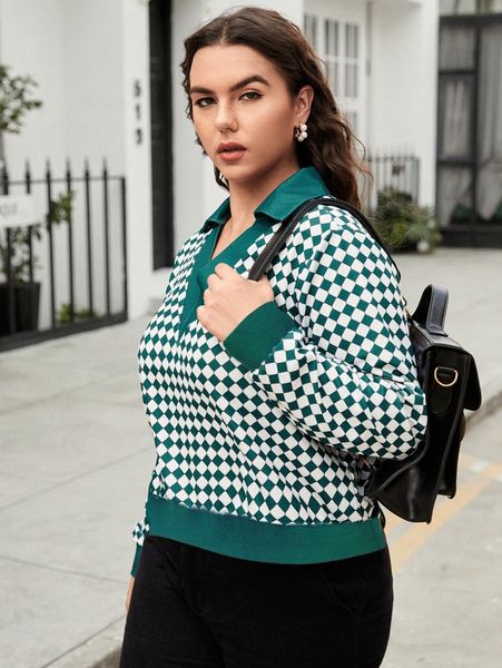 

plus checker print notched neck sweatshirt c4ol#, Black