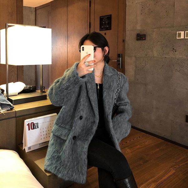 

women's wool & blends [ewq] 2021 autumn winter female turn-down collar long-sleeved double breasted minimalist solid color gray woolen, Black