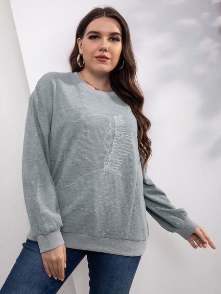 

plus chevron embroidery drop shoulder pullover g11c#, Black