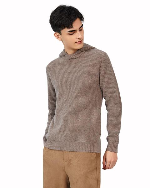 

zhili men's 100% cashmere thicken knit hooded collar pullover sweater, White;black