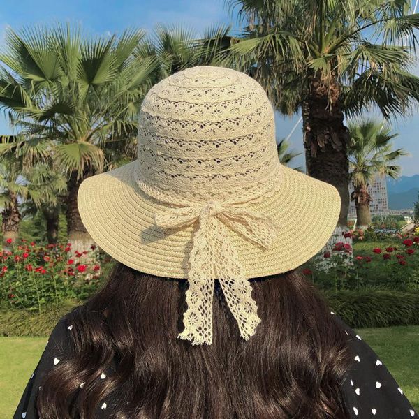 

2020 new simple women's lace bow shade straw hats summer thin breathable outdoor hats1, Blue;gray