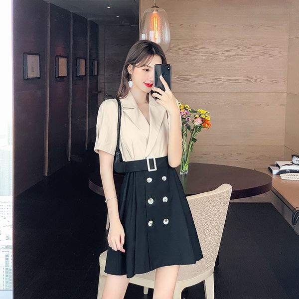 

7x5uj double style individual dress 2020 summer sleeve suit collar short new dresschildren's children's french breasted fake two p, Black;gray