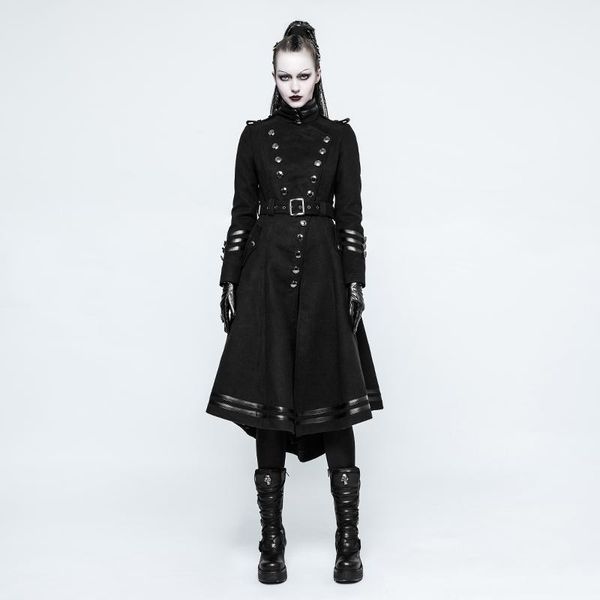 

women's trench coats punk rave uniform worsted long coat asymmetry metal big wave hem handsome sleeve jacket, Tan;black