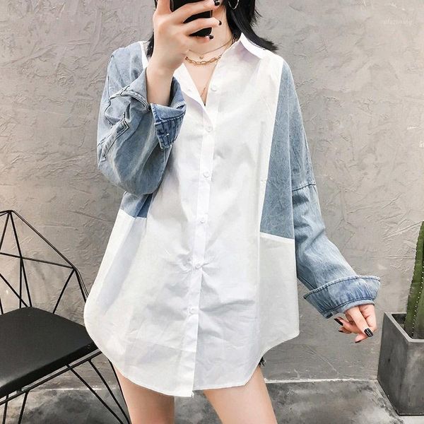 

ewq] blouses female fashion casual women clothing denim autumn new women shirts coats wild cotton pluz size blusas 16q5171, White
