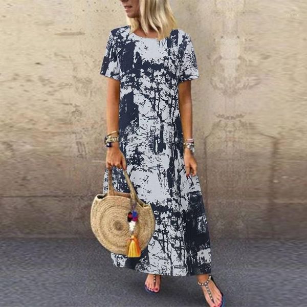 

zanzea 2020 printed maxi dress women's summer sundress casual short sleeve vestidos kaftan female graffiti tunic robe plus size1, White;black