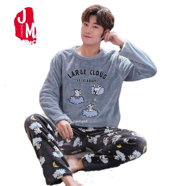 

winter flannel pajama sets for men long sleeve thick warm coral velvet cartoon sleepwear suit loungewear homewear plus size 4xl 201109, Black;brown