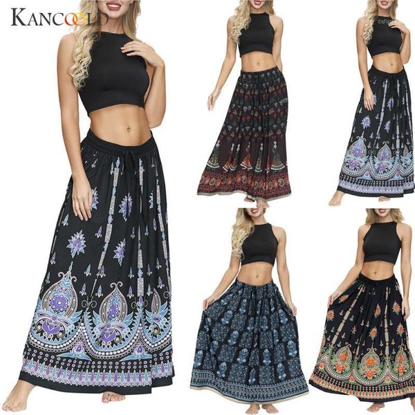 

kancoold women skirt long hippie bohemian gypsy boho flowers elastic waist floral halter skirt beach national wind1, Black