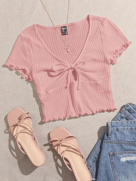 

lettuce trim knot front waffle knit tee 45iz#, White