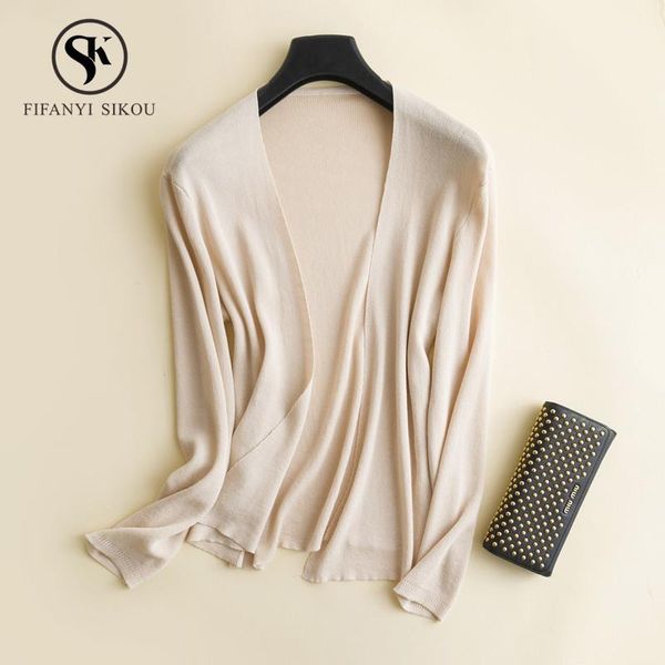 

2019 summer women's ice silk knitting sweater women cardigan coat long sleeve v-neck thin sweaters sunscreen 1, White