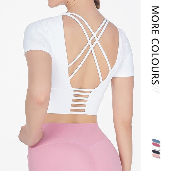 

women yoga shirt solid pure color short sleeves sexty hollow fitness for sports seamless workout gym wear kg-519, White;red