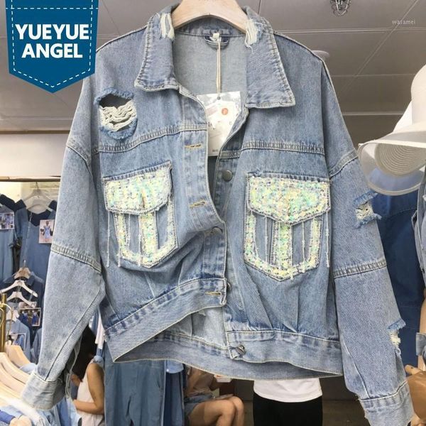 

women korean hip hop batwing sleeve loose denim jacket asymmetric hole ripped sequins pockets baggy casual outwear jeans coat1, Black;brown