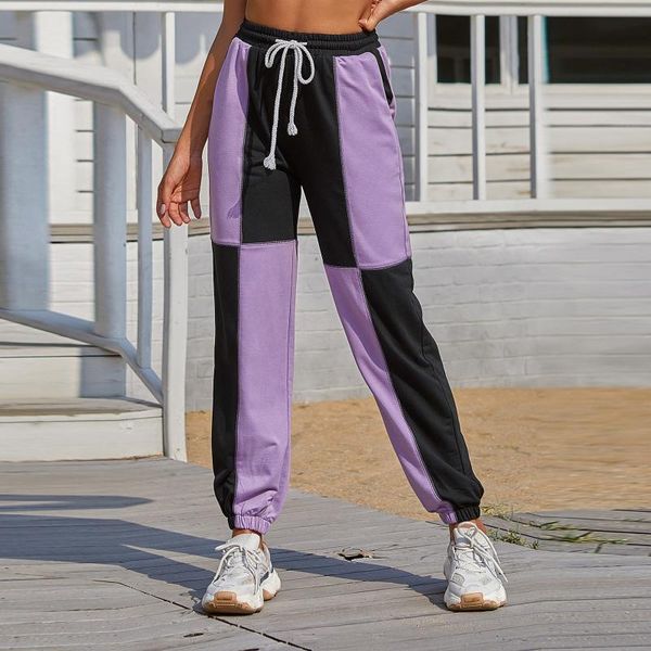 

fashion women's sweatpants casual elastic high-waisted patchwork streetwear joggers long pants trousers pantalones mujer#35, Black;white