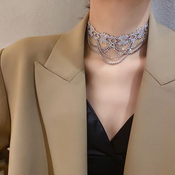 

chains hollow geometric crystal choker necklaces for women long tassel rhinestone weddings jewelry, Silver
