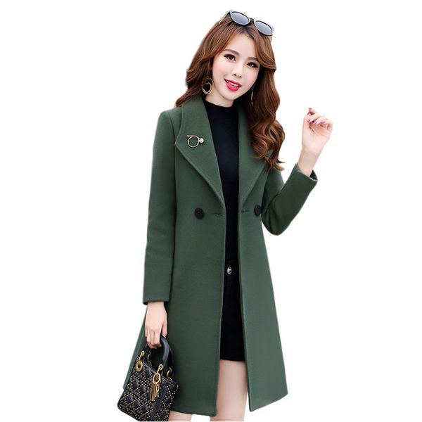 

2019 new winter slim plus size women woolen coat jacket casual medium double breasted solid color long sleeve wool coats femalex1020, Black