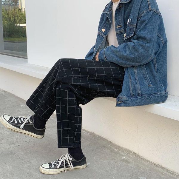 

men's trousers 2020 autumn winter new slimming plaided print retro trousers relaxed casual personality youth men's wear1, Black