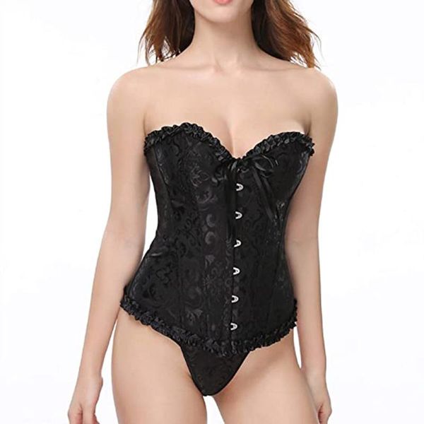 

men's body shapers women corsets vintage satin trim abdomen floral lace up shapewear overbust corset sets tummy slimming, Black;brown