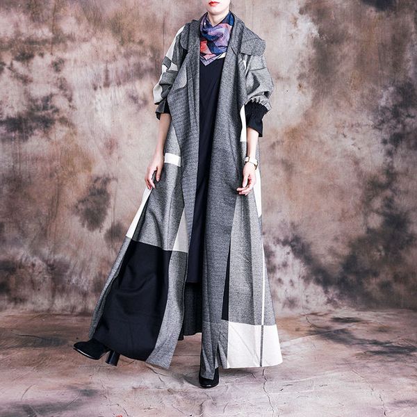 

2020 autumn winter new vintage wool plaid trench coat women loose turn-down collar full sleeve cardigan trench windbreaker g387 1031, Tan;black