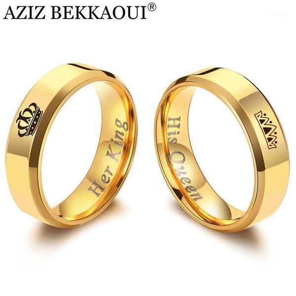 

wedding rings aziz bekkaoui her king his queen couple gold color crown stainless steel jewelry promise bands drop1, Slivery;golden