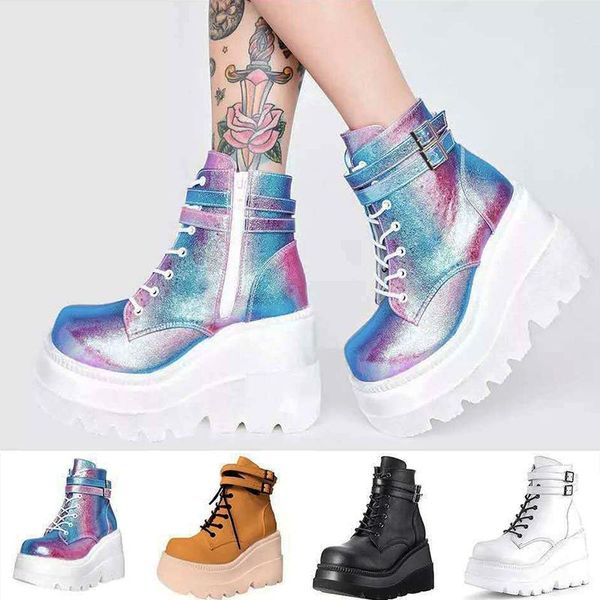 

ladies shoes fashion high heel platform boots multicolor buckle lace-up wedges ankle boots for women 2020 punk female shoes, Black