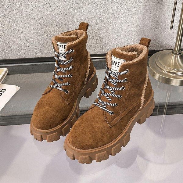 

boots 2021 winter women thick sole frosted leather plus velvet warm motorcycle short wild high cotton, Black