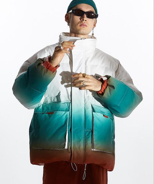 

2020 winter gradient printing stand collar warm down cotton jacket men thick jacket parkas streetwear casual coat w1311, Black