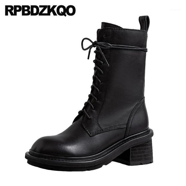 

black real leather designer combat high heel genuine lace up chunky shoes women ankle boots 2020 round toe winter block1