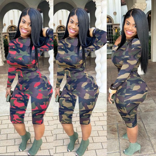 

spot 2021 european and american spring and autumn bag hip round neck long sleeve camouflage jumpsuit, Black;white