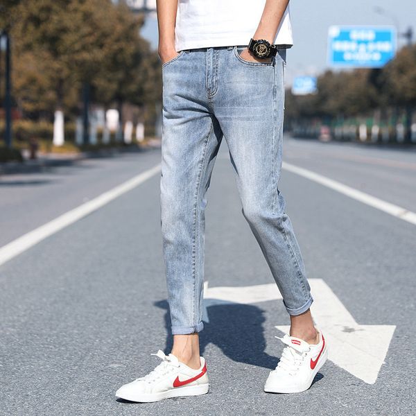 

light color 9-point jeans men's summer thin foot slim korean fashion casual 9-point pants, Blue