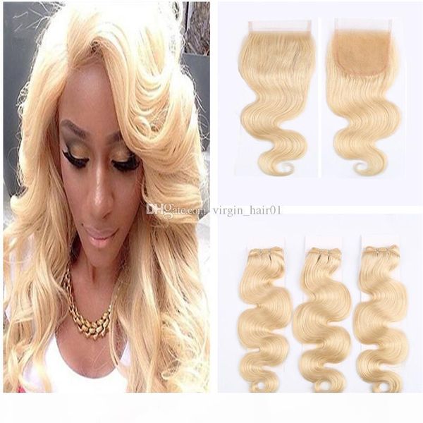

9a brazilian hair body wave with closure 4pcs lot 613 platinum blonde virgin human hair bundles with lace closure ing, Black;brown