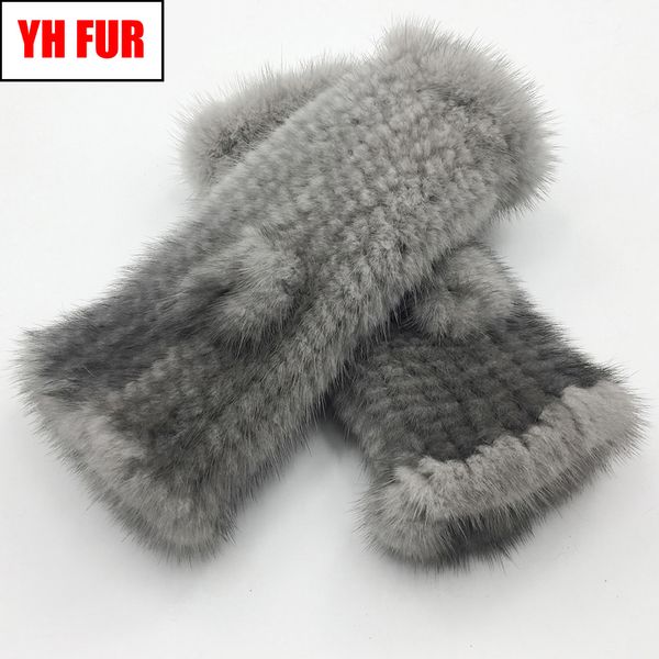 

winter fingerless gloves women fashion elasticity genuine knitted real mink fur mittens, Blue;gray